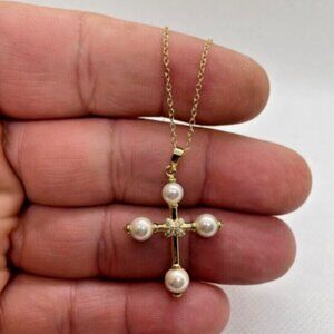 14k yellow gold plated Cross pendant necklace white pearls & lab created diamond